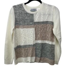 Patchwork Cable Knit Sweater White Gray Fisherman Cozy Alfred Dunner Grandma MP